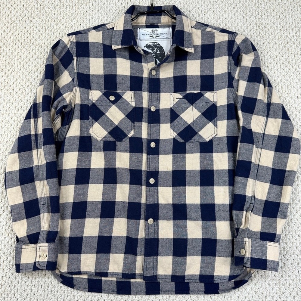 Rogue Territory RGT Shirt Mens Small Navy Beige Plaid Flannel Field USA Made